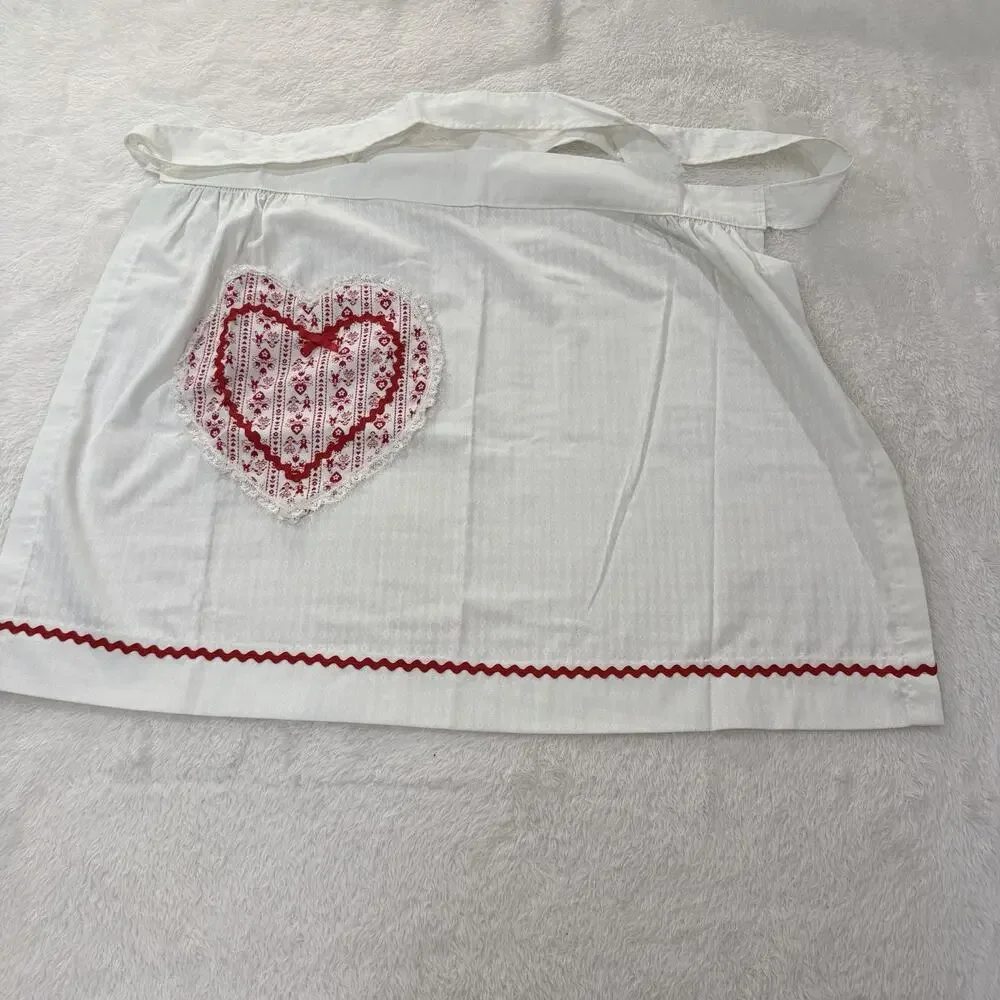 Vintage White Half Apron Red Heart Applique Rick Rack Cottagecore Valentine’s